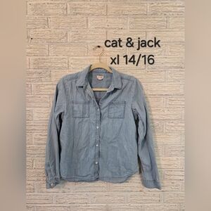 Cat & Jack Girls Denim Blue Button-Up Long Sleeve Shirt XL 14/16